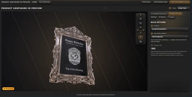 Glassware studio showing an ornate silver mirror engraved with a birthday message and crest, beside the product and decoration-method options.