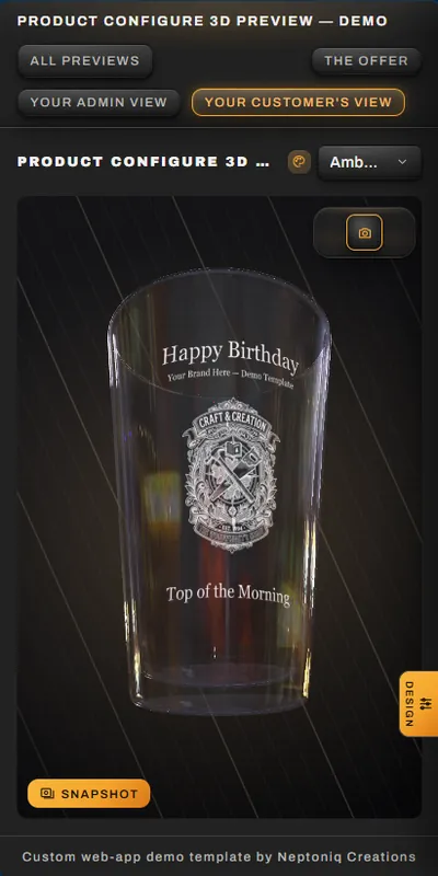 Phone view of a pint glass printed with a birthday message and a crest, in the glassware studio.