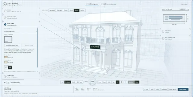 Sign studio in the sketch render, showing a two-storey colonnaded building with the sign above the entrance and drafting lines across the page.