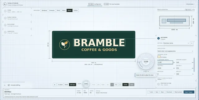 Sign studio's face view: the Bramble panel drawn flat with its 1800 by 600 millimetre dimensions, and artwork width, height and position fields beside it.