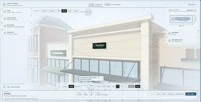 Sign studio in the blend render, showing a shopping-center storefront partly drawn and partly rendered, with the sign above the windows.